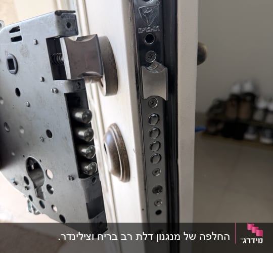 מנעול דלת פתוח עם מנגנון נעילה גלוי